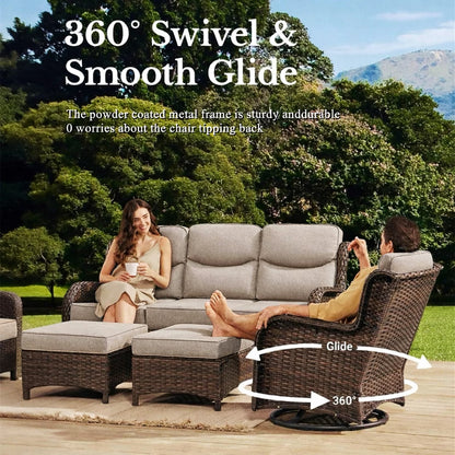 Luxury 9-Piece Outdoor Patio Furniture Set with Fire Pit Table,Swivel Rocker Chairs and 6" Thick Cushions,Wicker Sofa and Ottomans,Patio Conversation Sets for Porch Deck Garden Backyard