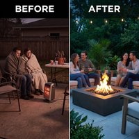 Brookhurst 42 In. L X 12 In. H Outdoor GFRC Liquid Propane Fire Pit in Carbon with Lava Rocks — Before & After