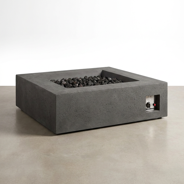 Brookhurst 42 In. L X 12 In. H Outdoor GFRC Liquid Propane Fire Pit in Carbon with Lava Rocks — Studio Shot