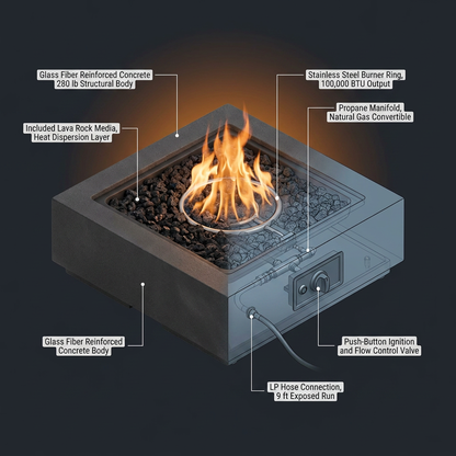 Outdoor Fire Pit Designed for Modern Patios, 42-Inch GFRC Construction, Propane Burner, Lava Rocks Included