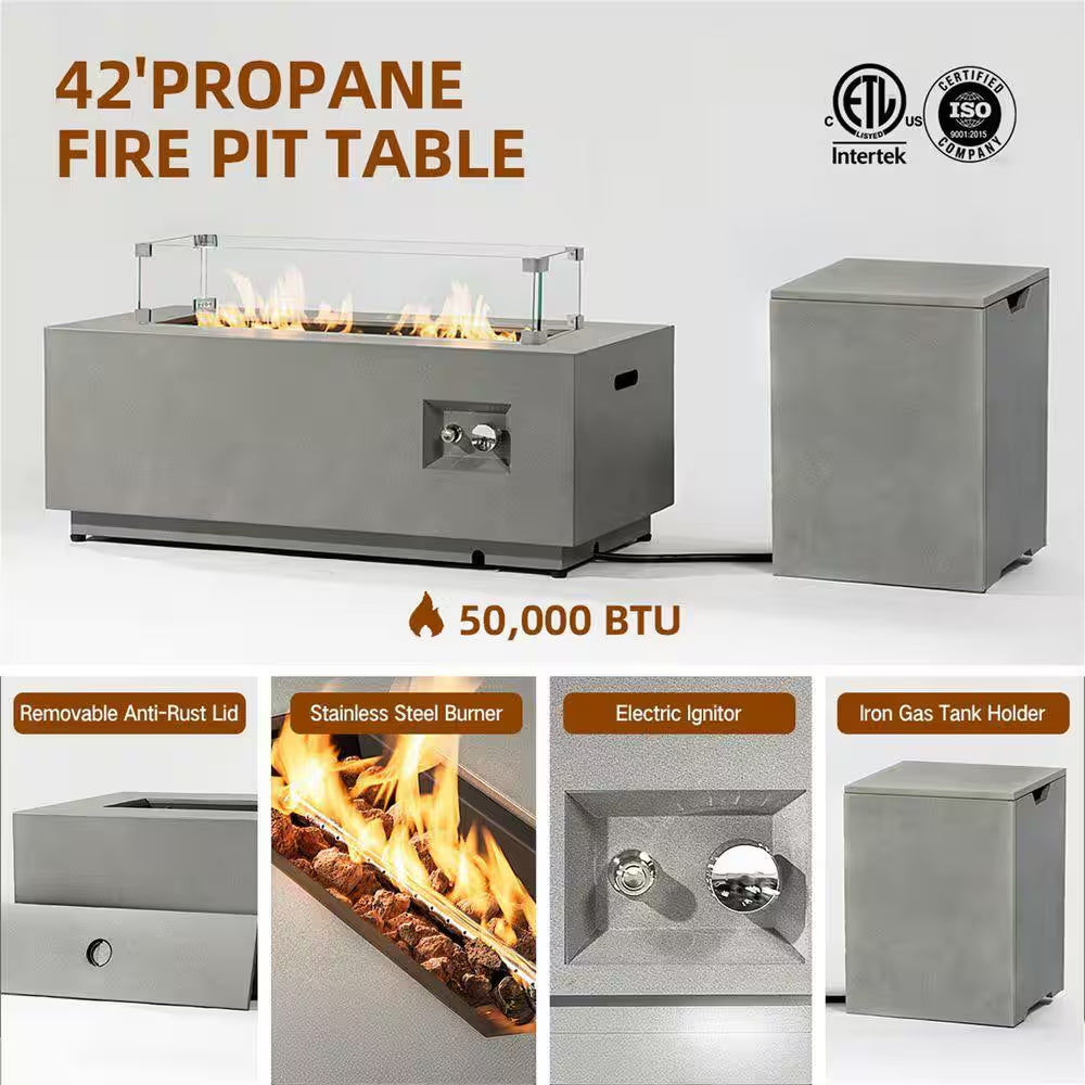 50000 BTU Rectangular Steel Fire Pit 42" Propane Gas Fire Pit Table Gray 2-Pieces for outside with Glass Wind Guard
