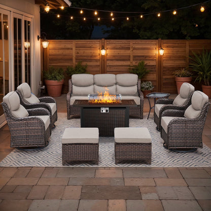Luxury 9-Piece Outdoor Patio Furniture Set with Fire Pit Table,Swivel Rocker Chairs and 6" Thick Cushions,Wicker Sofa and Ottomans,Patio Conversation Sets for Porch Deck Garden Backyard