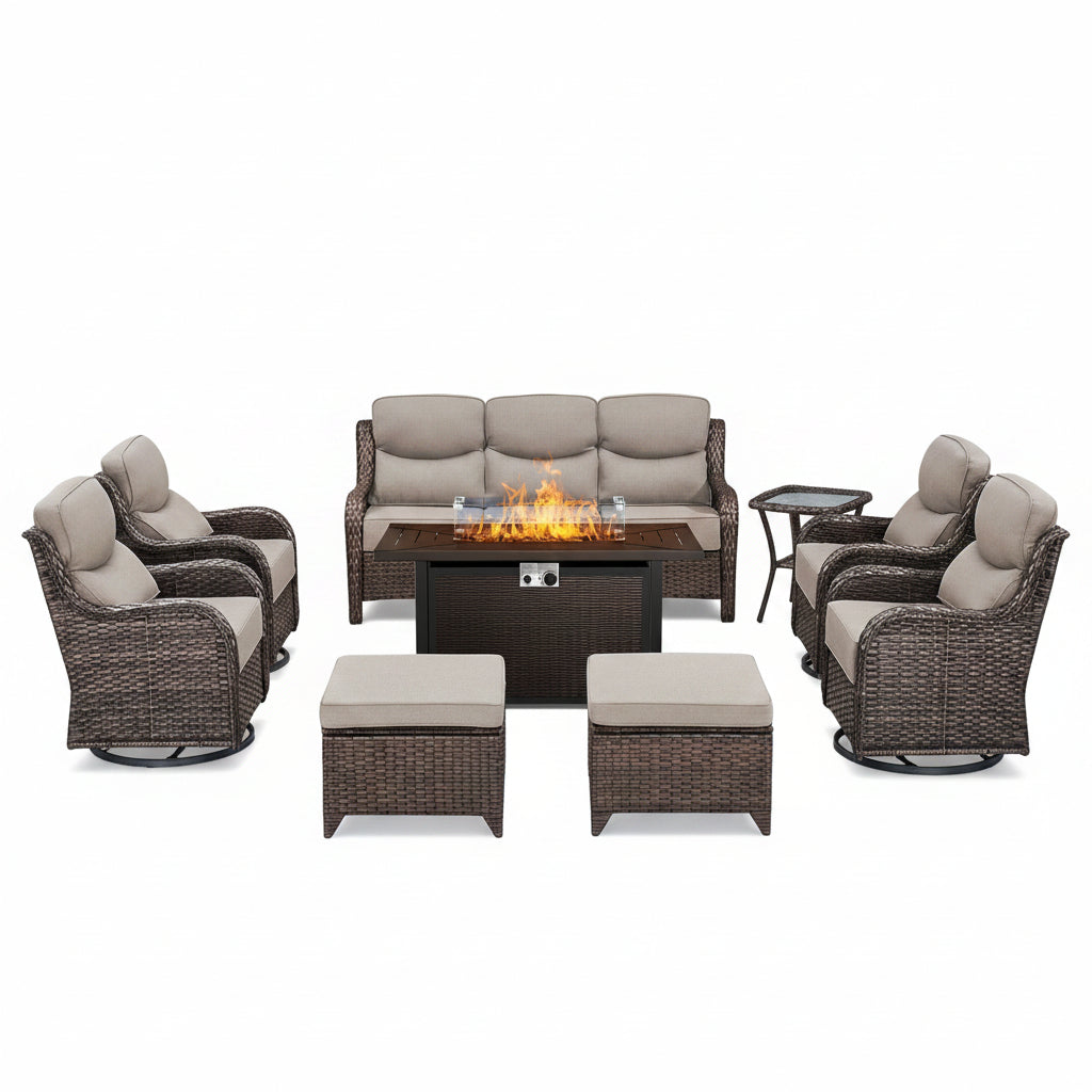 Luxury 9-Piece Outdoor Patio Furniture Set with Fire Pit Table,Swivel Rocker Chairs and 6" Thick Cushions,Wicker Sofa and Ottomans,Patio Conversation Sets for Porch Deck Garden Backyard