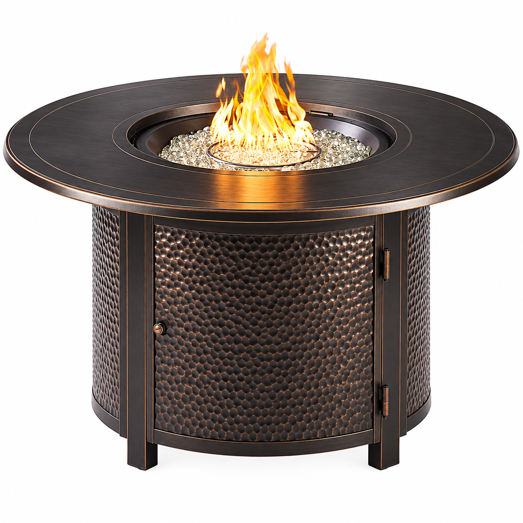 AZMATERA-FPT-AC Aluminum 44 In. round Propane Beads, Lid and Fabric Cover Finish Outdoor Fire Table, Antique Copper
