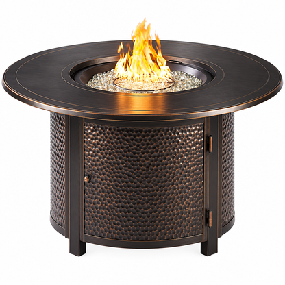AZMATERA-FPT-AC Aluminum 44 In. round Propane Beads, Lid and Fabric Cover Finish Outdoor Fire Table, Antique Copper