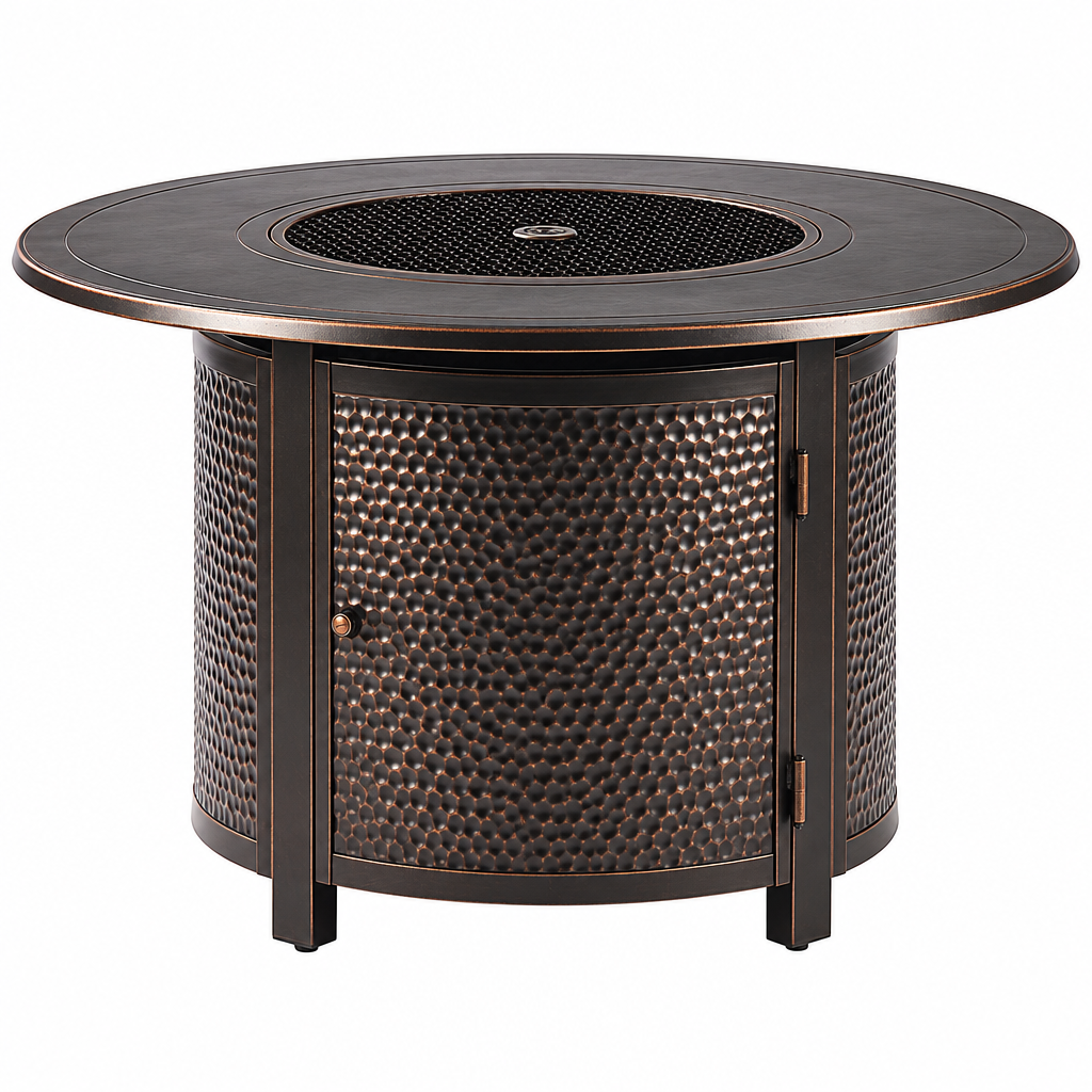 AZMATERA-FPT-AC Aluminum 44 In. round Propane Beads, Lid and Fabric Cover Finish Outdoor Fire Table, Antique Copper