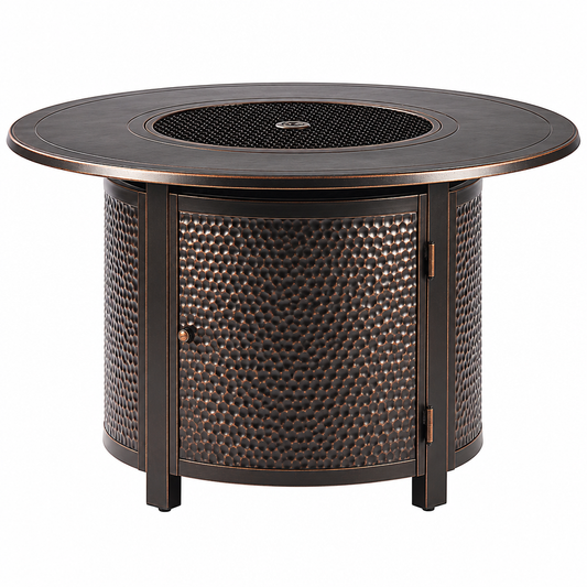 AZMATERA-FPT-AC Aluminum 44 In. round Propane Beads, Lid and Fabric Cover Finish Outdoor Fire Table, Antique Copper